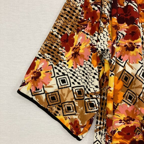 New Chenault Brown Orange Floral Stretch Knit Tie Front Feminine Blouse Large - Picture 4 of 9